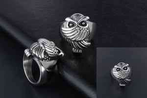 Gros plan d'une bague hibou rétro argentée avec plumes vintage et yeux perlés noirs
