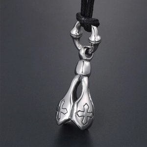 Punk style stainless steel cross lotus pendant with black woven rope for men