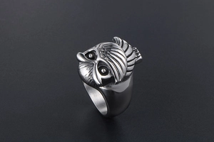 Relief détaillé d'un hibou sur une bague vintage en acier inoxydable pour hommes et femmes