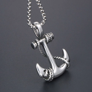 Vintage anchor pendant necklace in silver stainless steel with nautical rope detail and box chain