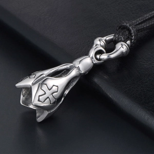 Retro punk lotus cross pendant in titanium steel with a black braided cord necklace