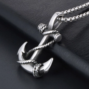 Vintage stainless steel anchor pendant necklace with rope detail on black leather