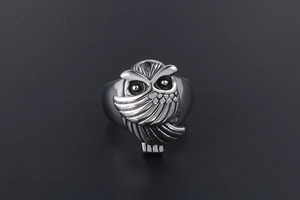 Détail macro d'une bague hibou vintage en acier titane avec plumes et yeux noirs