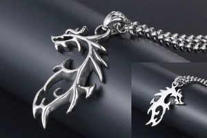 Gros plan du pendentif dragon en titane argenté avec finition polie et chaîne