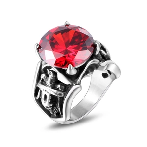 Bague en Acier Inoxydable Gothique Vintage Pour Hommes Femmes Grand Strass Rouge Squelette Os Gravé Punk Bijoux Cadeau