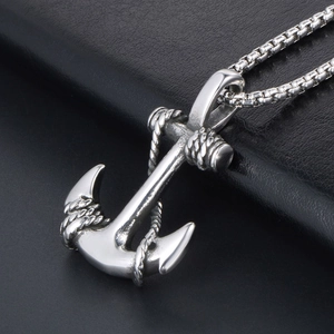 Vintage stainless steel anchor pendant necklace with rope detail and box chain for men