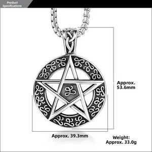 Detail view of vintage pentagram pendant necklace with measurement dimensions and weight