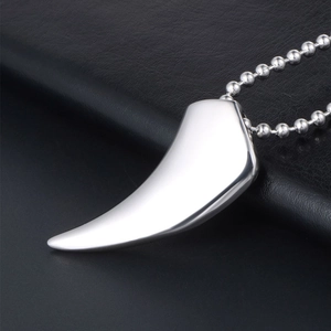 Collier pendentif dent de loup argenté poli pour homme avec chaîne à billes sur cuir