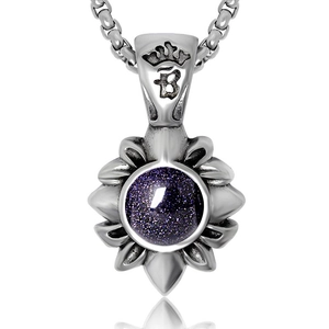 Collier Pendentif Tournesol en Acier Titane Vintage pour Hommes Femmes Médaillon de Fleur en Pierre de Sable Bleu Rétro