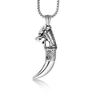 Retro Stainless Steel Wolf Tooth Pendant Necklace Antique Silver Wolf Head Animal Gothic Punk Hip Hop Jewelry Gift For Men