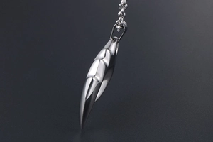 Vue macro d'un pendentif en forme de griffe polie sur une chaîne en acier argenté