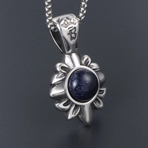 Collier vintage en acier titane argenté avec pendentif fleur en pierre de sable bleu chic