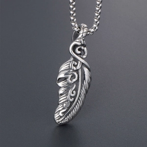 Vintage oxidized titanium steel feather wing pendant necklace for men and women