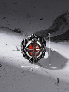 Gothic cross ring detail showing red gemstone inlay and 2.8cm by 2.4cm dimensions