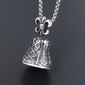 Vintage industrial bell pendant necklace with fleur-de-lis and box chain in aged steel