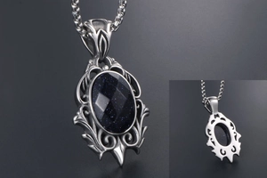 Detailed back and front views of retro gothic teardrop blue sandstone pendant