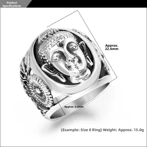 Vue détaillée d'une bague Bouddha argentée vintage avec dimensions de 22,6 mm