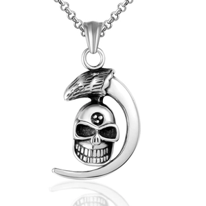 Gothic Punk Men Stainless Steel Skull Moon Pendant Necklace Retro Silver Color Polished Rock Jewelry For Men Boys Gift