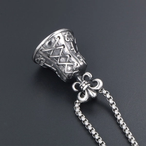 Retro punk bell pendant with Gothic relief carvings and fleur-de-lis ring on a chain