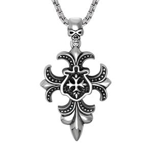Collier Pendentif Croix Crâne Gothique en Acier Inoxydable Vintage pour Homme Bijoux Biker Punk Rétro Fleur de Lys