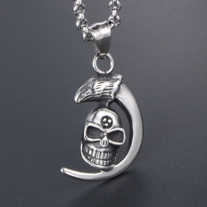 Men's gothic moon skull pendant necklace made of vintage silver titanium steel