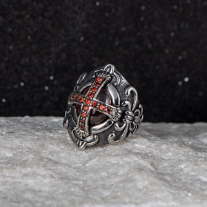 Gothic cross ring detail with red zircon stones on vintage finish titanium steel
