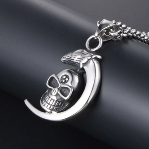 Men's gothic punk necklace with silver skull crescent moon pendant in stainless steel