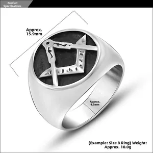 Macro detail of titanium steel ring featuring Freemasonry logo and brushed metal texture