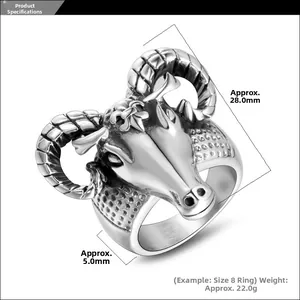 Detailed view of goat head ring showing 28.0mm width and 5.0mm band measurement