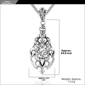 Detail of vintage flame necklace with zircon gemstone showing height and width dimensions
