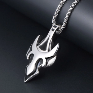 Polished silver fang tooth pendant necklace in stainless steel with square pearl chain