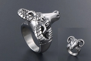 Macro shot of silver goat head ring with detailed horns in gothic punk style design