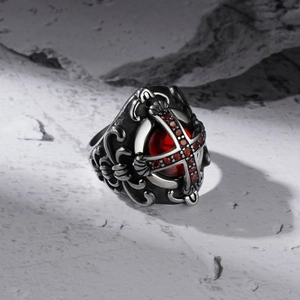 Gothic Stainless Steel Cross Ring Vintage Titanium Steel Crown Band Ring Red Rhinestone Punk Jewelry For Men Women Gift