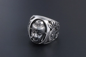 Gravure de visage de Bouddha et motifs de lotus sur bague en acier vintage