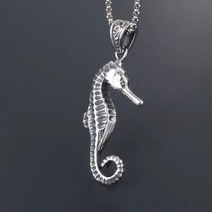 Unique vintage seahorse pendant necklace in polished titanium steel for men and women
