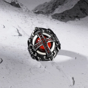 Gothic cross ring in vintage silver finish with a vibrant red ruby stone and crown detail