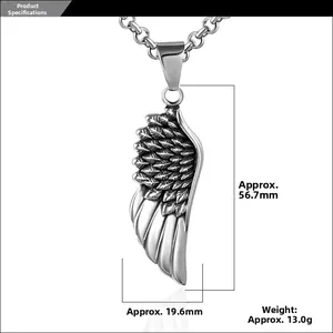 Detailed size parameters of the retro titanium steel wing feather pendant necklace