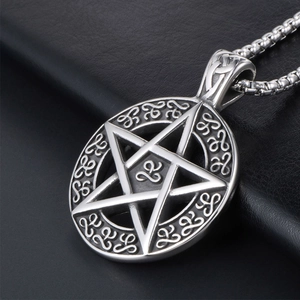 Vintage stainless steel lucky pentagram pendant necklace with detailed Celtic knot patterns