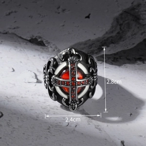 Gothic cross ring with red crystals and crown detail in vintage silver finish