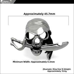 Détails de la bague tête de mort pirate avec dimensions et poids en acier inoxydable