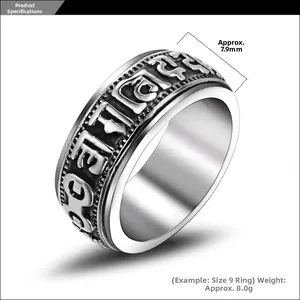 Detail of 7.9mm wide titanium steel punk ring with engraved Six-Syllable Mantra text