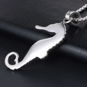 Polished titanium steel seahorse pendant necklace for men on black leather background
