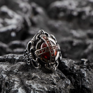 Gothic cross ring in vintage silver with red ruby stone and crown detailing