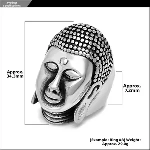 Detailed specs of Buddha head ring in stainless steel with 34.3mm height and 29g weight