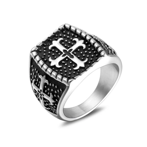 Vintage Gothisch Kreuz Titanstahl Siegelring Herren Poliert Quadratisch Retro Punk Religiöses Kreuz Bandring Handschmuck