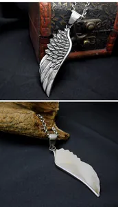 Macro view showing both front feather texture and mirror polished back of wing pendant