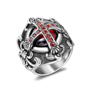 Gothic cross ring with red heart gemstone and crown details in vintage steel