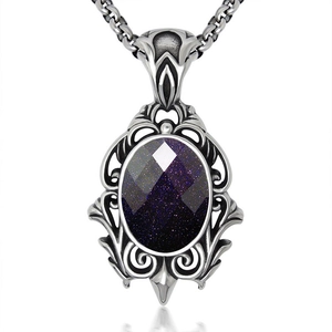 Vintage Gothic Stainless Steel Pendant Necklace Blue Sandstone Inlaid Water Drop Shape Baroque Style Retro Jewelry For Women Men