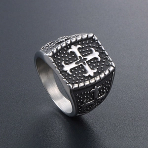Vintage Siegelring aus Edelstahl mit Lilienkreuz und Seilstruktur an den Seiten