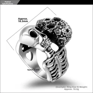 Macro detail of gothic skull ring with floral carvings and heart cutout design